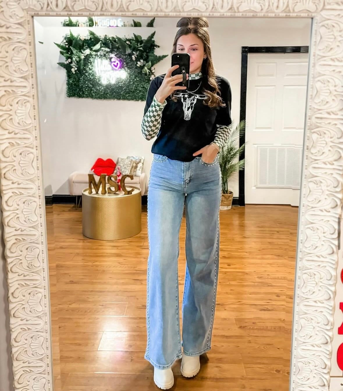 Jade Studded Wide Leg Jeans