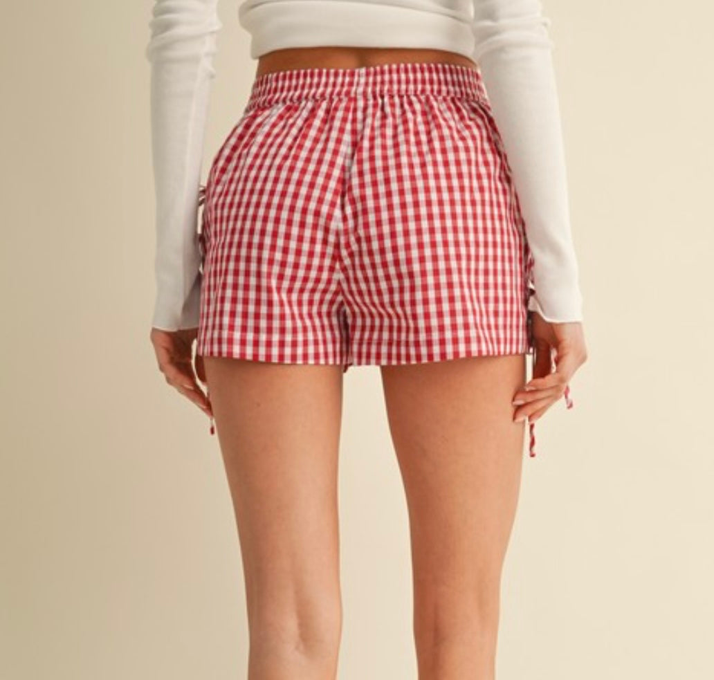 Checkered Bow Detail Shorts, Red