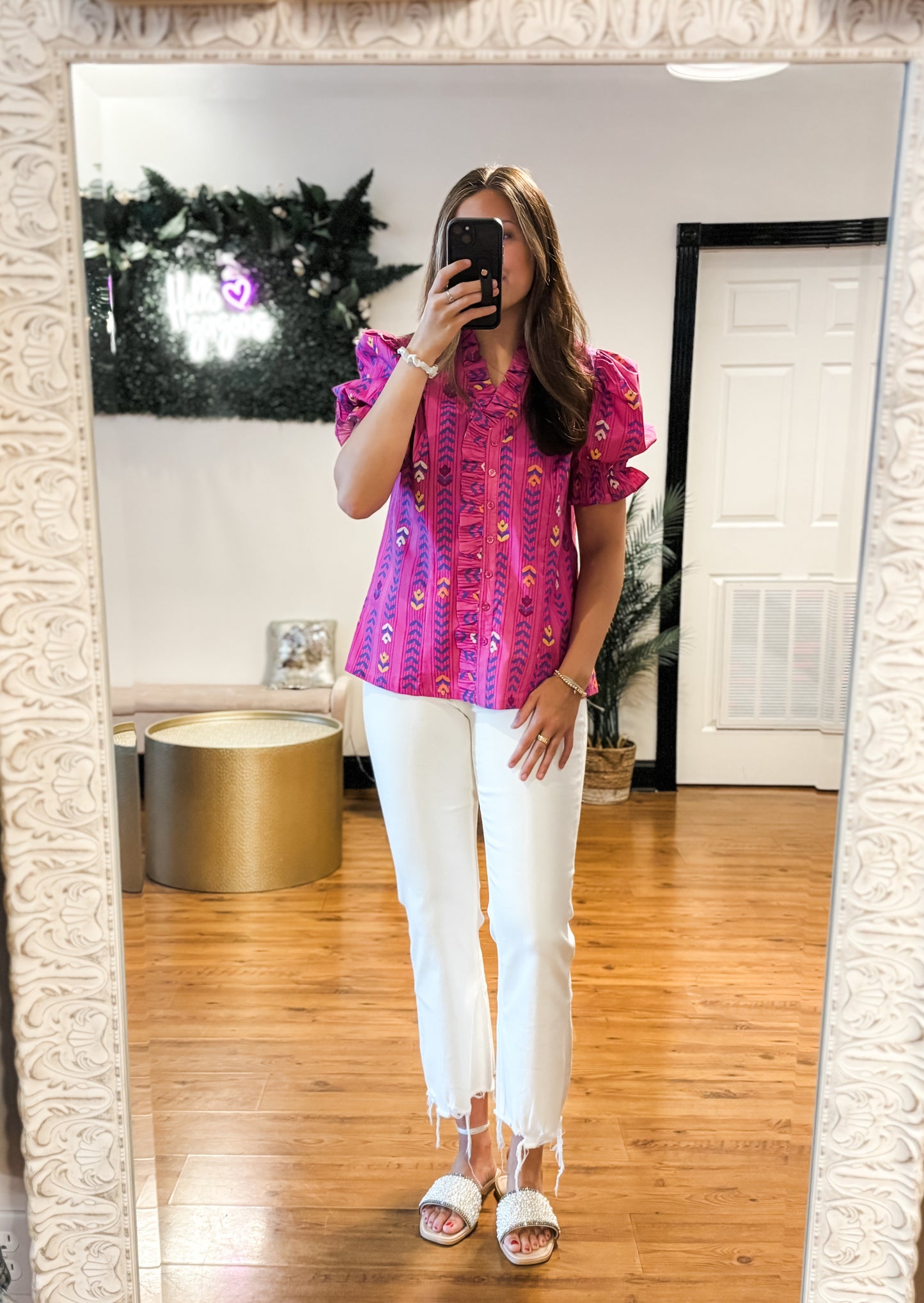 Ruffle Trim Printed Top