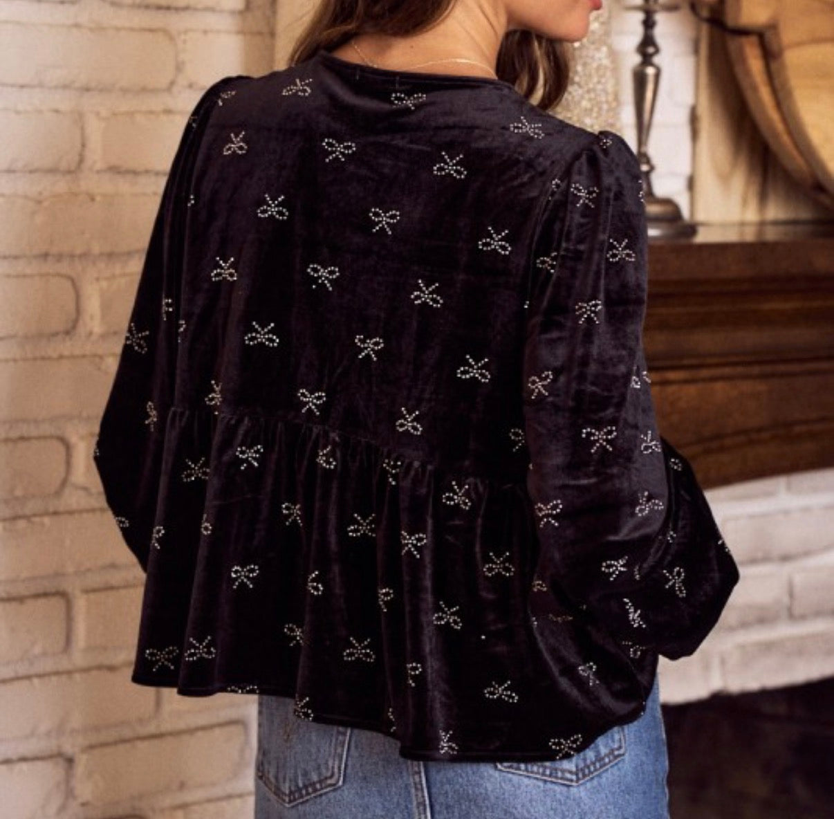 Bow Embellished Velvet Top