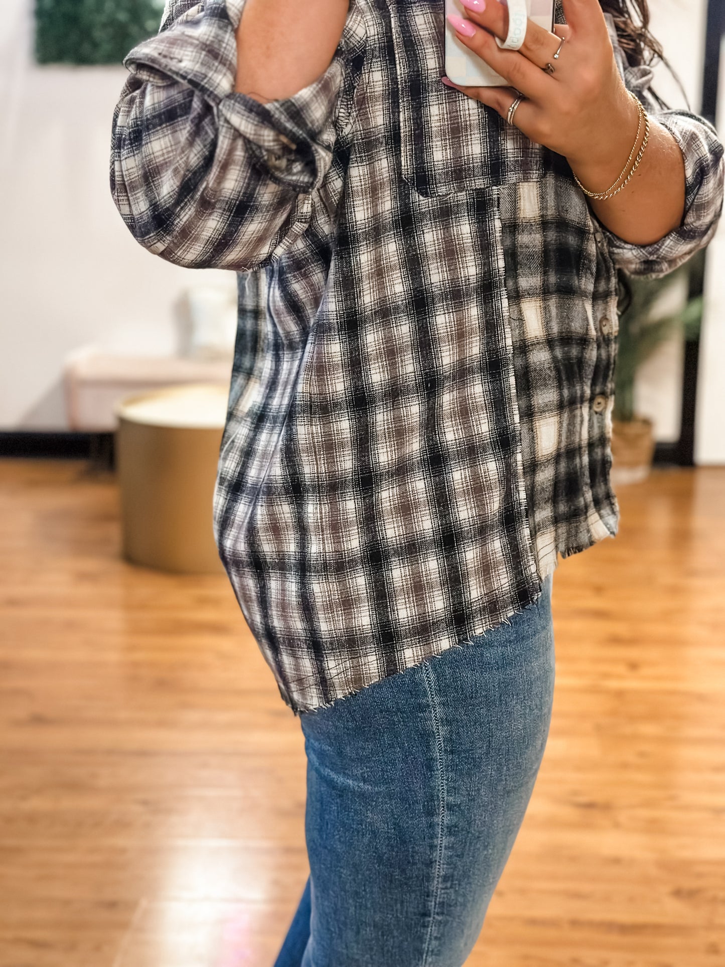 Contrast Plaid Button Down Shirt