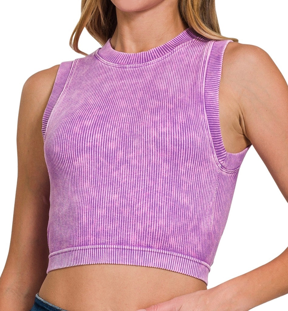 Washed Ribbed Tank w/Bra Pads, Sky