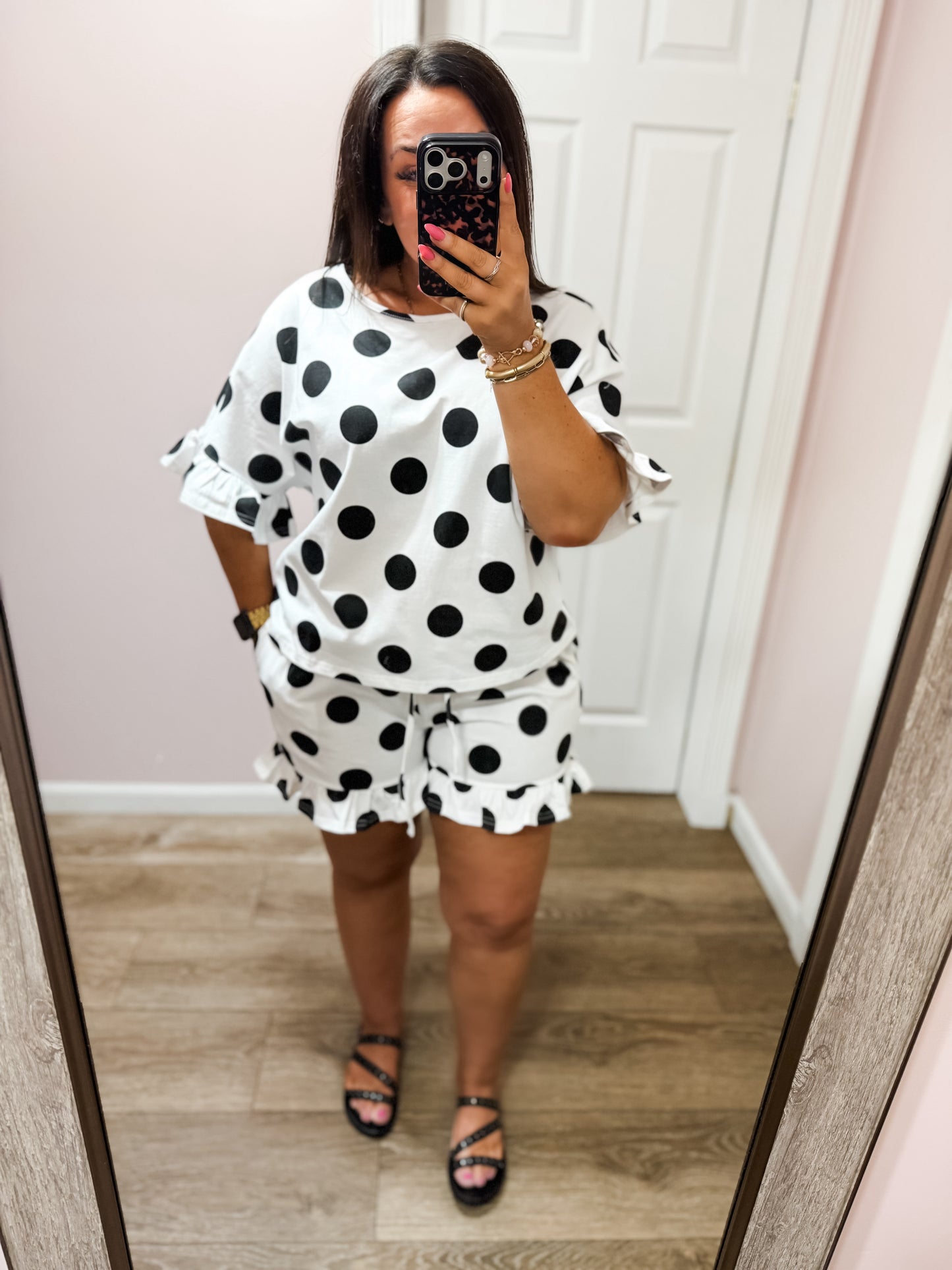 Classic Contrast Polka Dots Ruffled Set