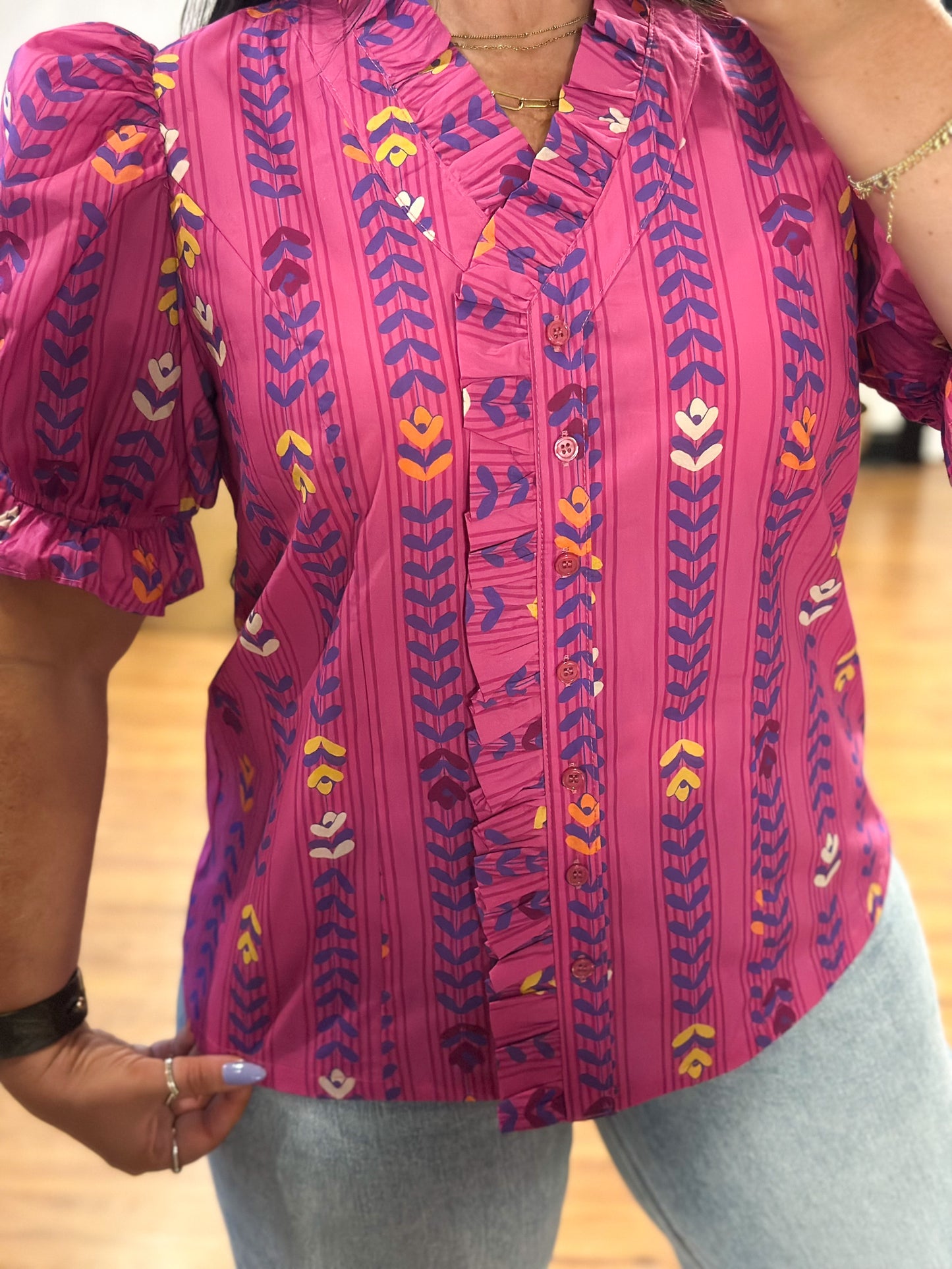 Ruffle Trim Printed Top