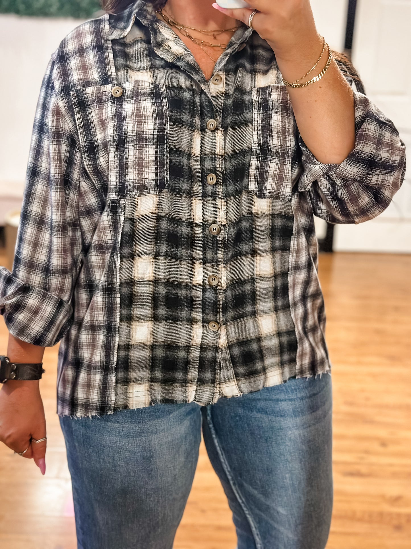 Contrast Plaid Button Down Shirt