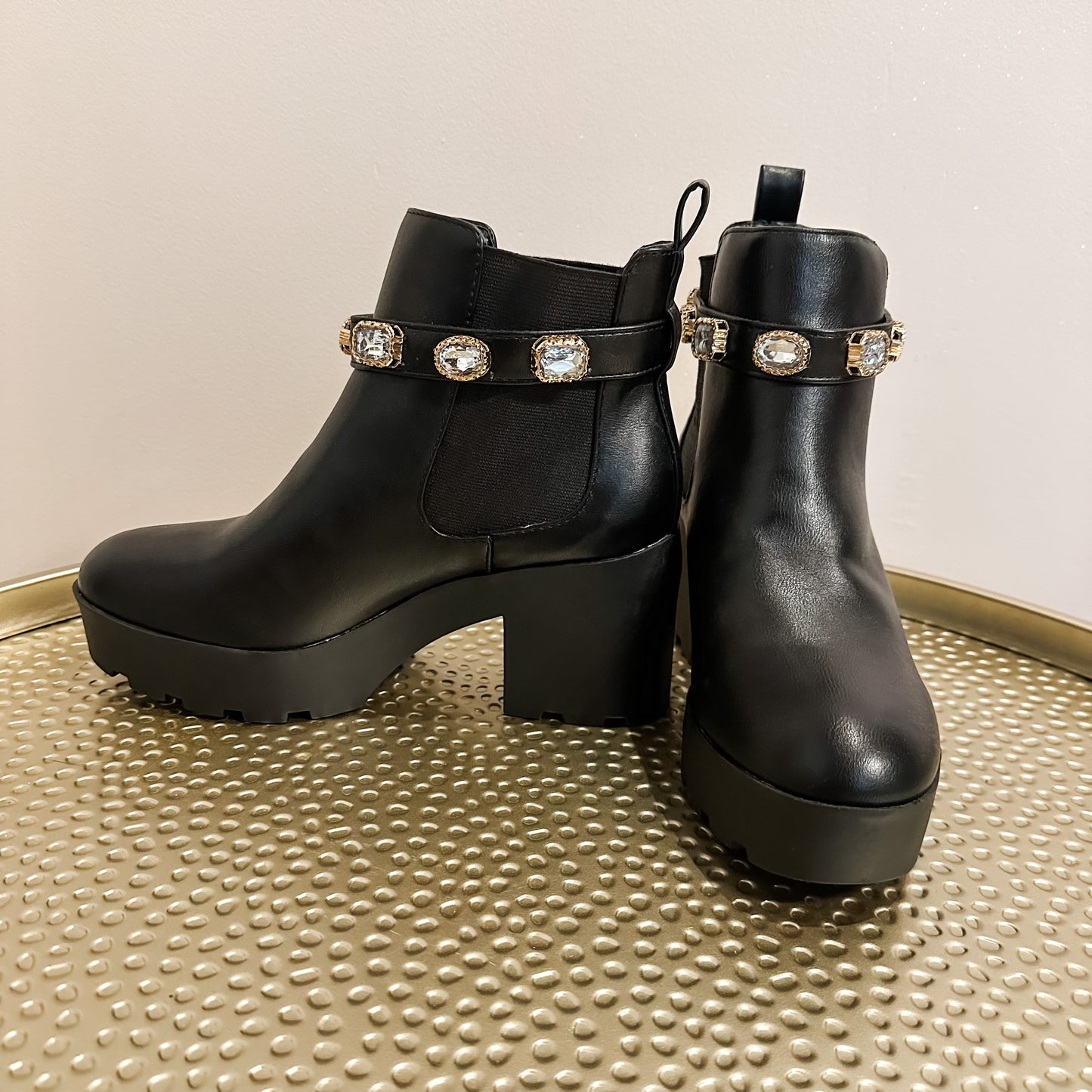 Black Stone Chain Heeled Bootie