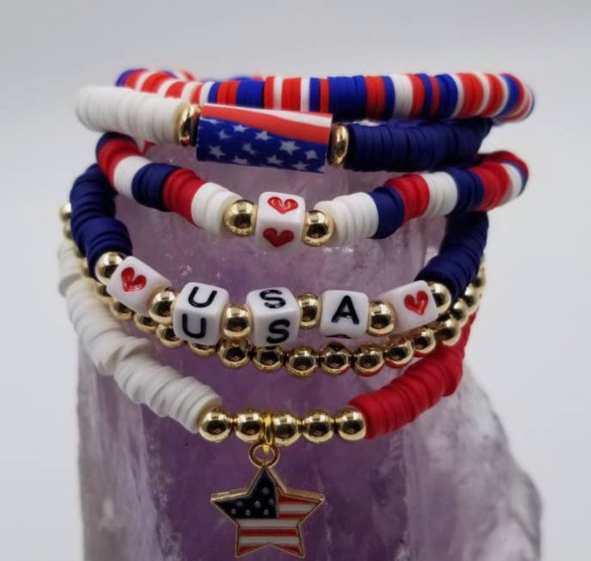 USA Star Charm Heishi Bracelet Set