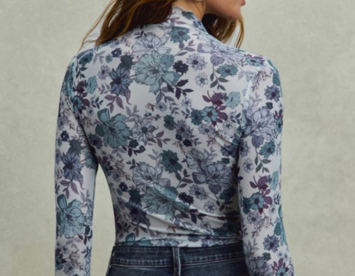 Floral Print Sheer Knit Top, Blue