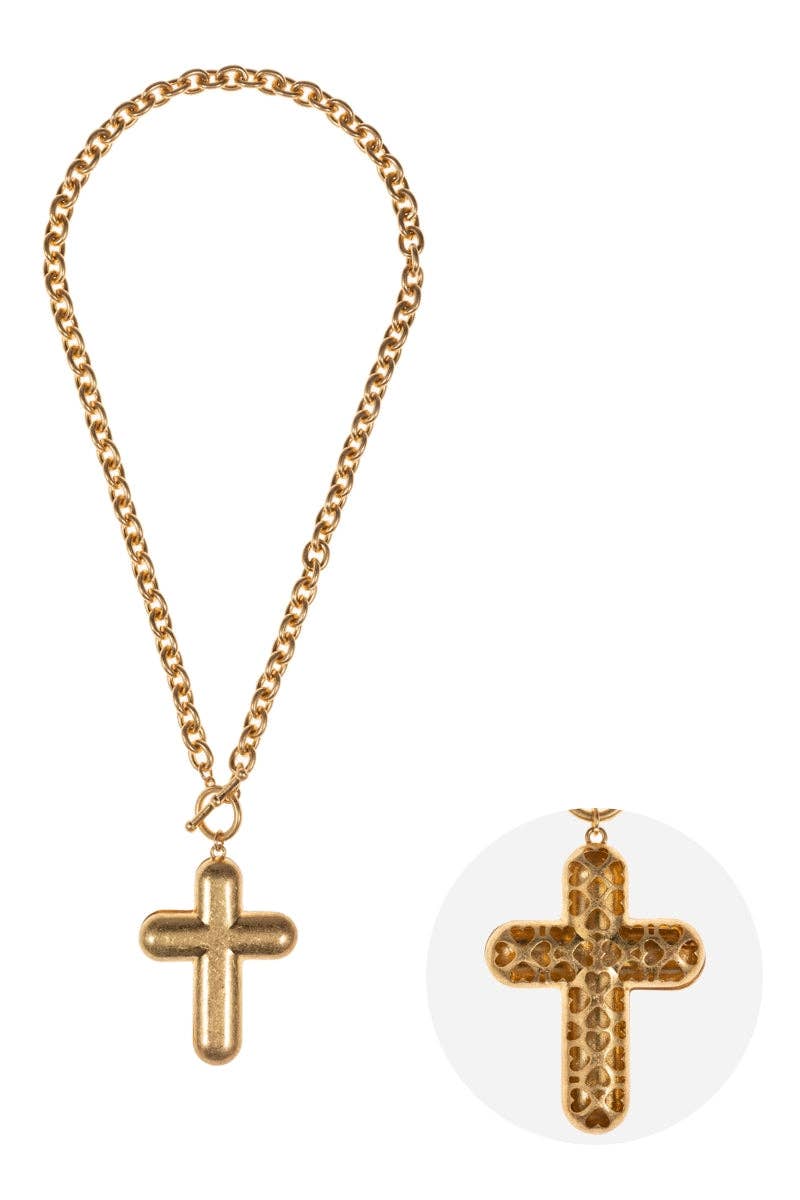 Puffy Cross Metal Toggle Clasp Short Necklace