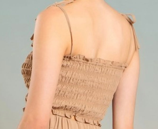 Smocked Tie Strap Top, Tan