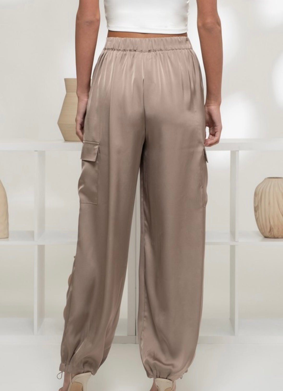 Satin Cargo Pants, Taupe