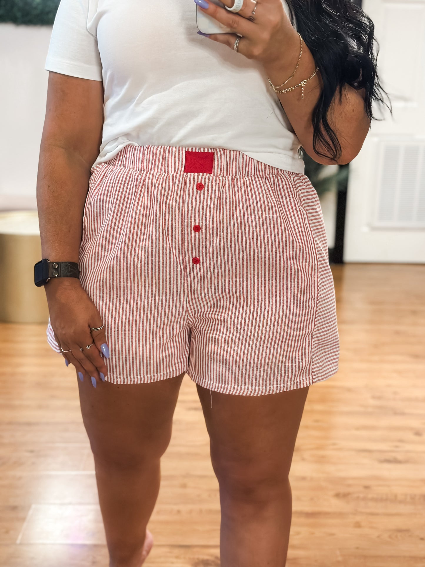 Striped Boxer Style Shorts, Red