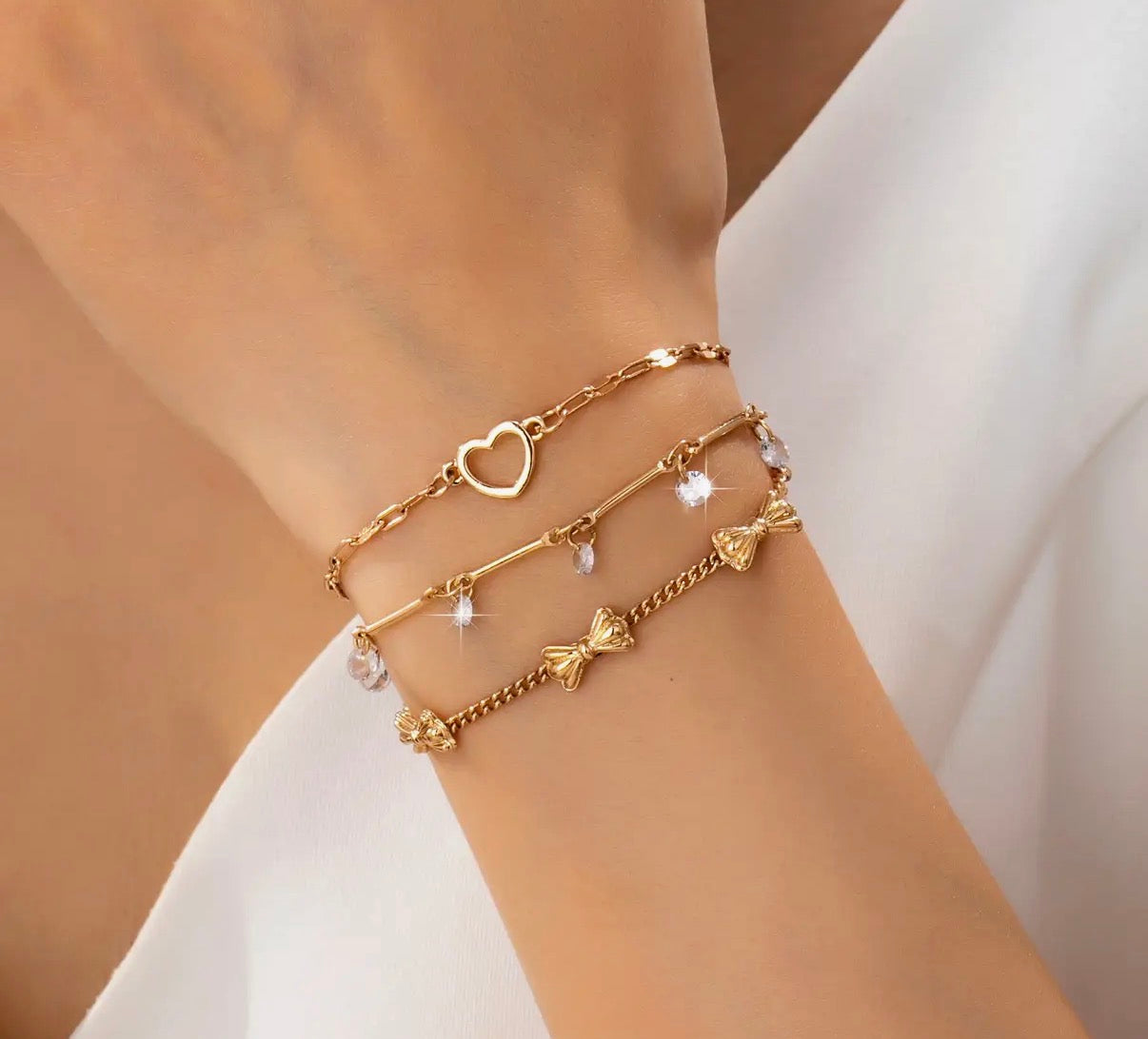 Crystal Drop/Heart/Bow Charm Multilayer Bracelet