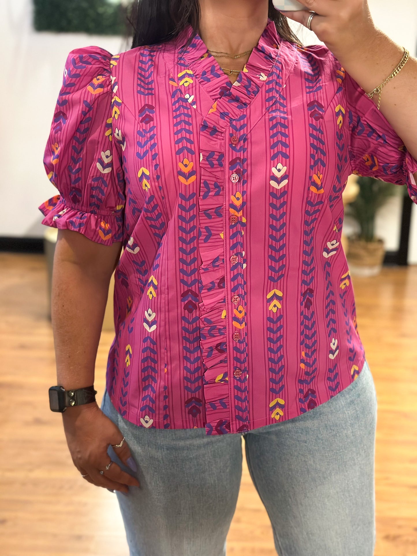 Ruffle Trim Printed Top