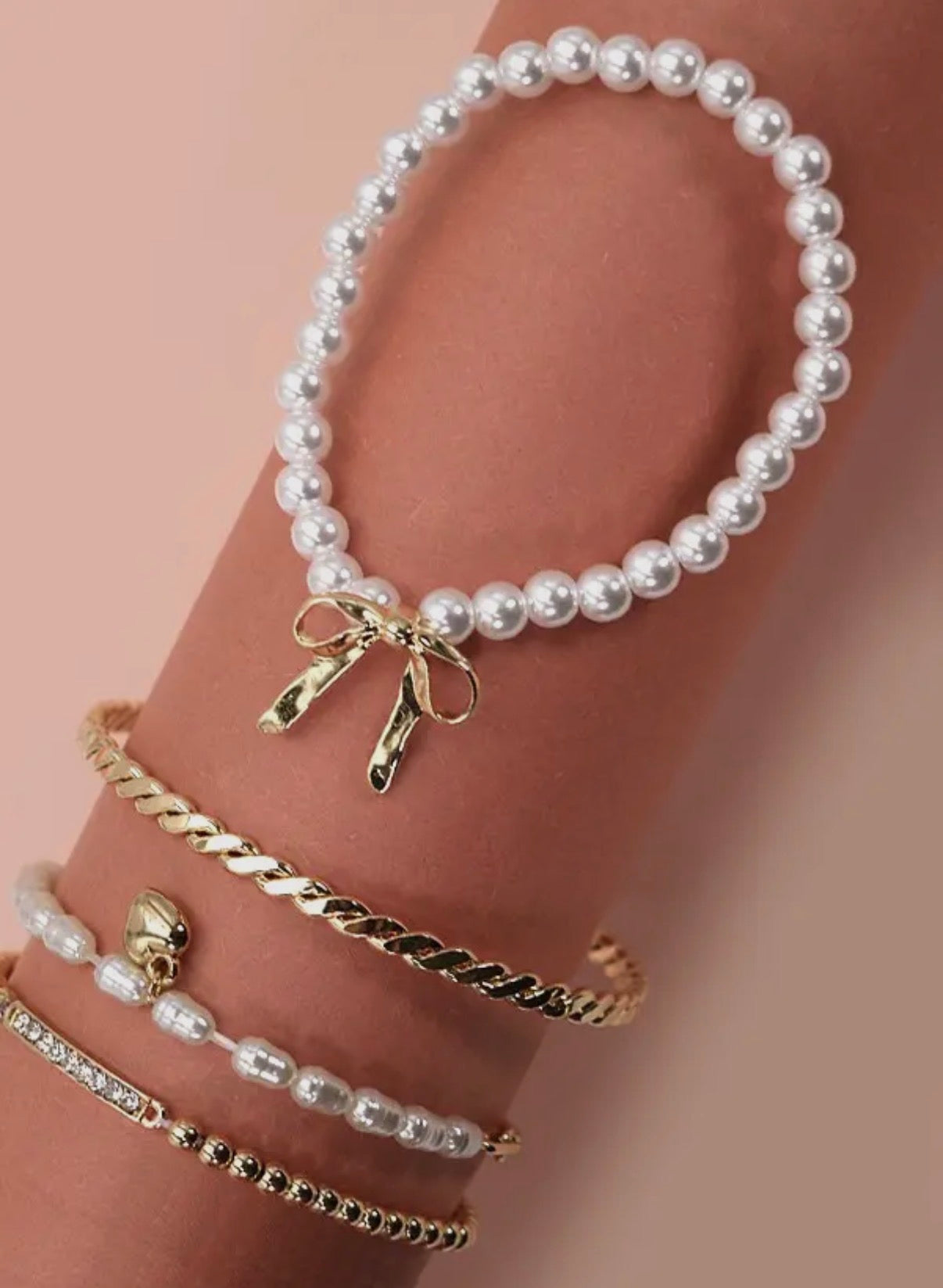 Bow/Pearl/Rhinestone Bar Stretch Bracelet Set