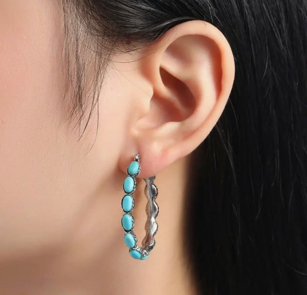 Western Oval Stone Hoop Earrings