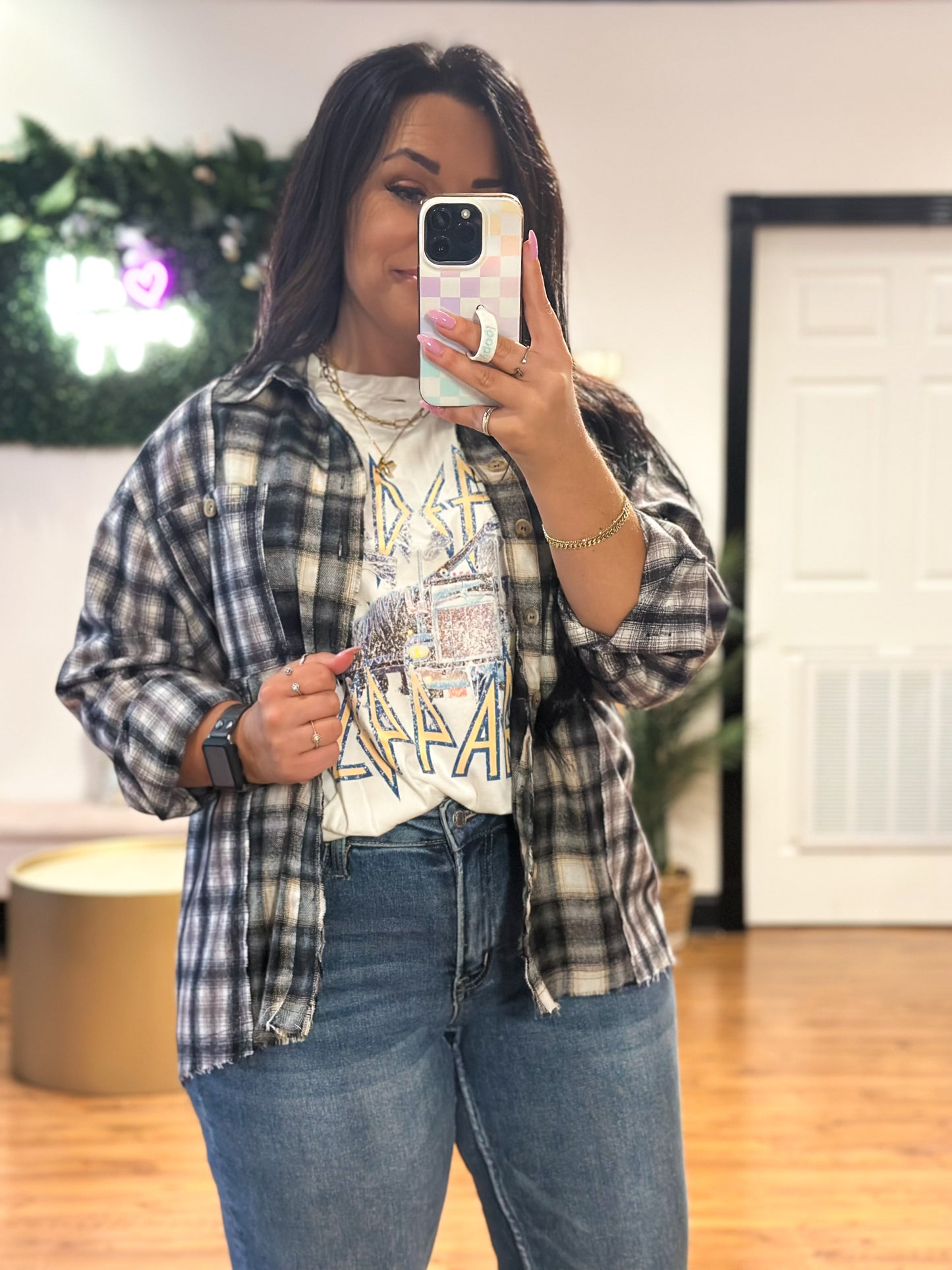 Contrast Plaid Button Down Shirt