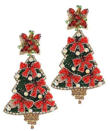 Jeweled Christmas Tree & Bow Earrings