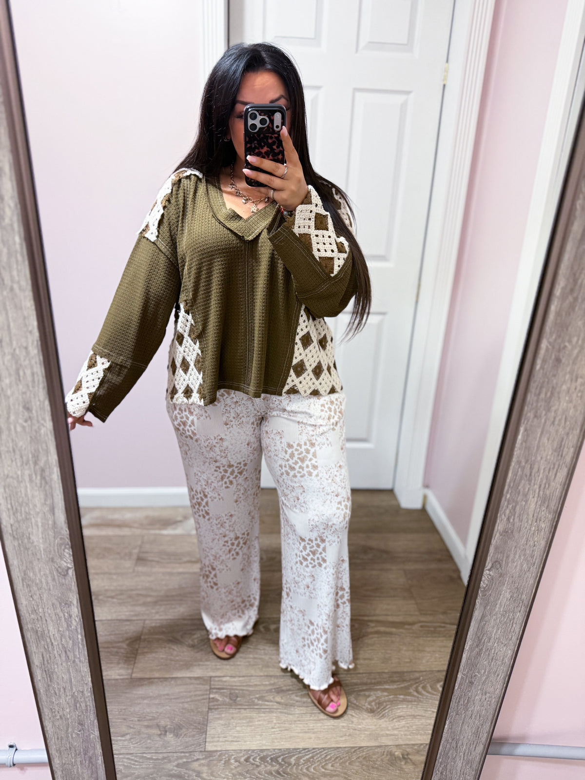 Patchwork Crochet Sleeve Waffle Knit