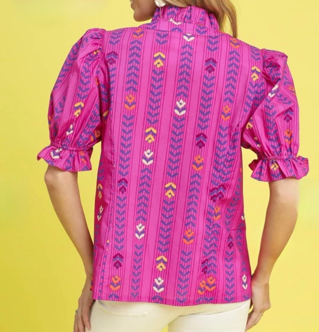 Ruffle Trim Printed Top