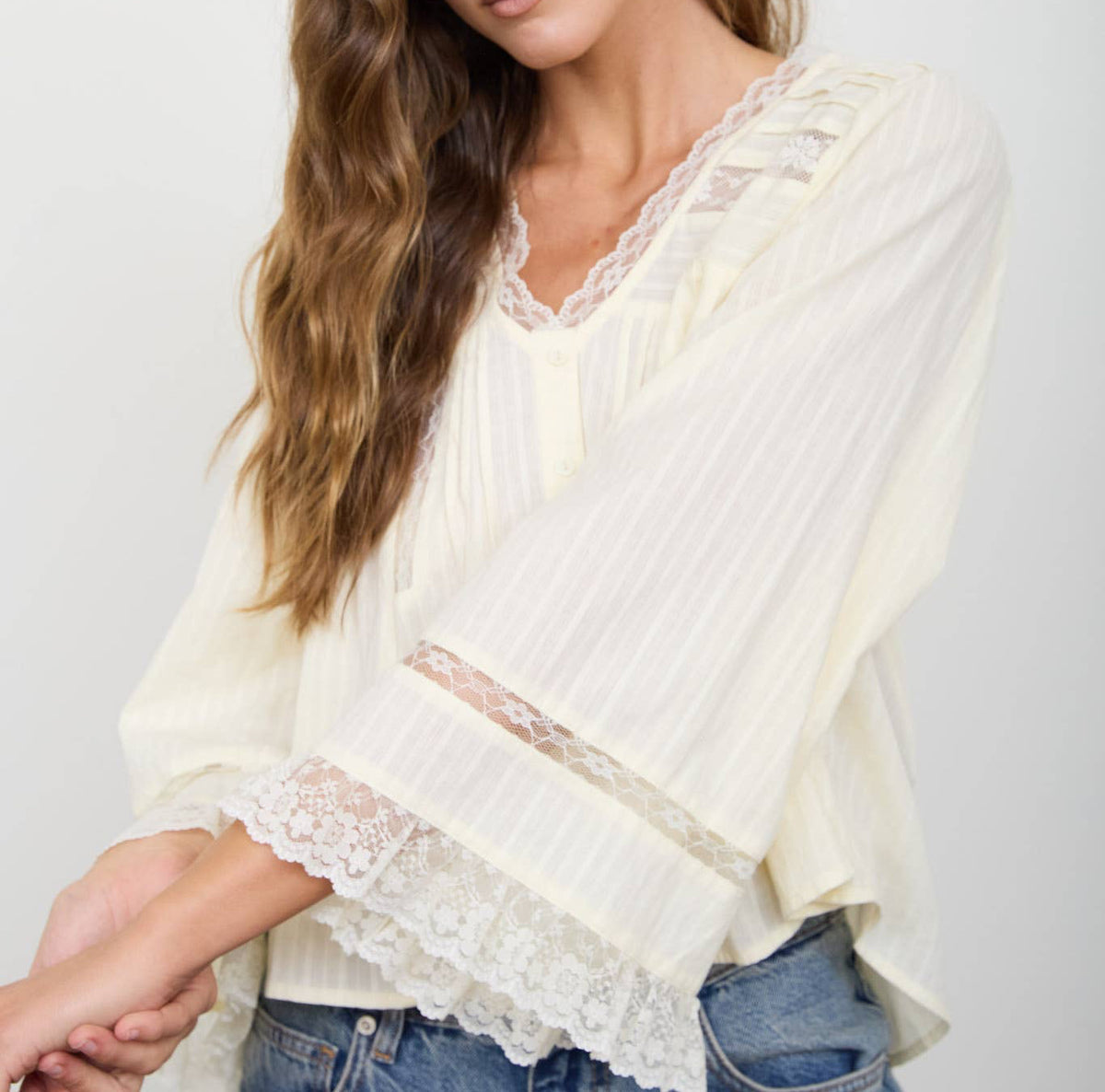 Lace Trim Pleated Button Down Top
