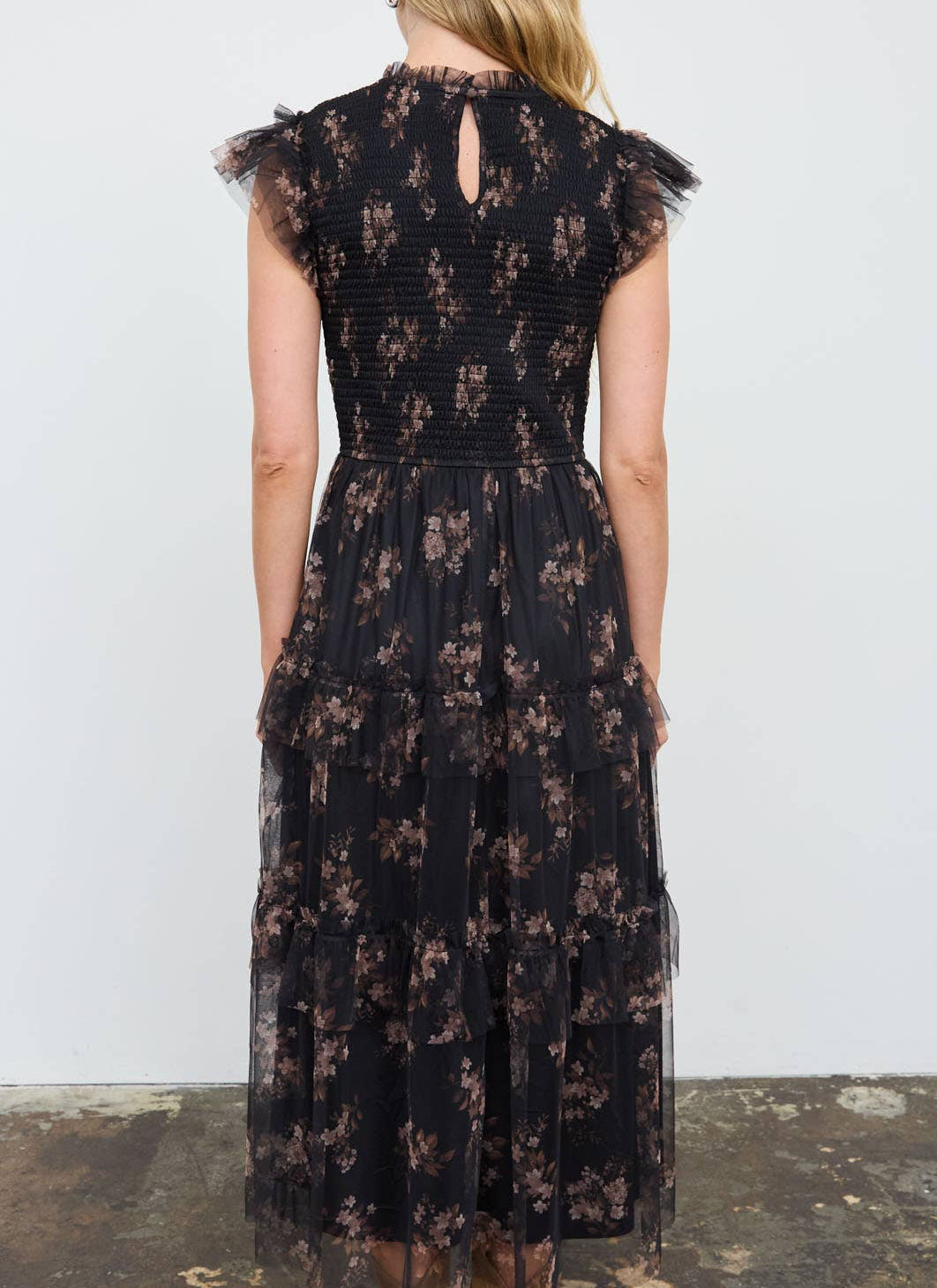 SMOCKED RUFFLE TIERED FLORAL MIDI DRESS
