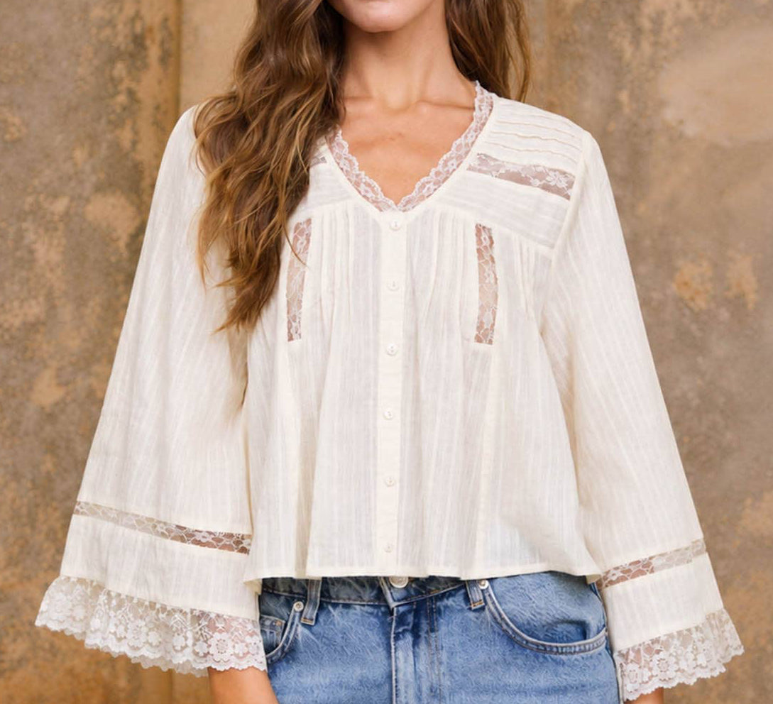 Lace Trim Pleated Button Down Top