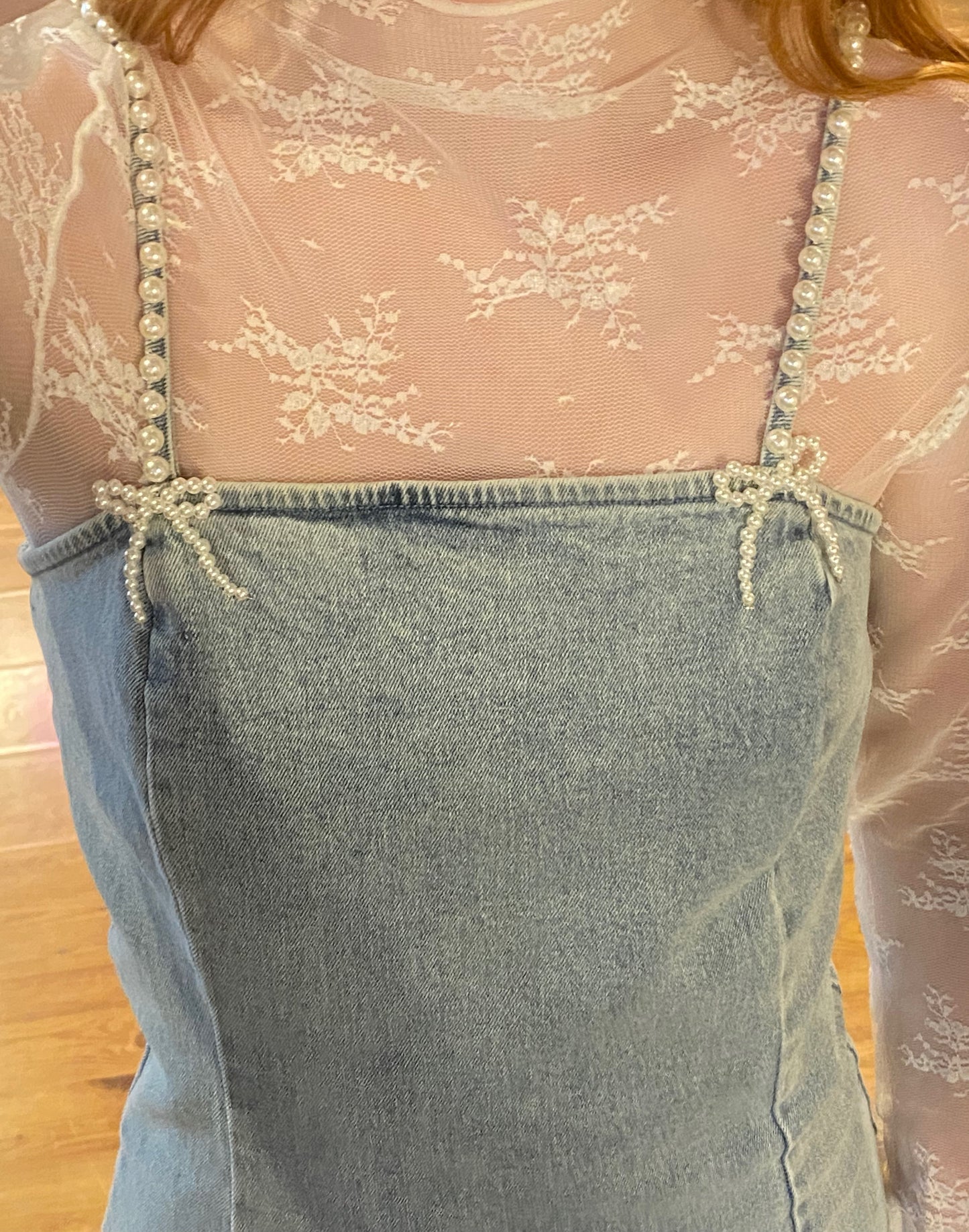 Feminine Flare Pearl Strap Denim Dress