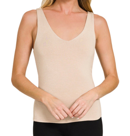 Double Layered V-Neck Tank, Tan