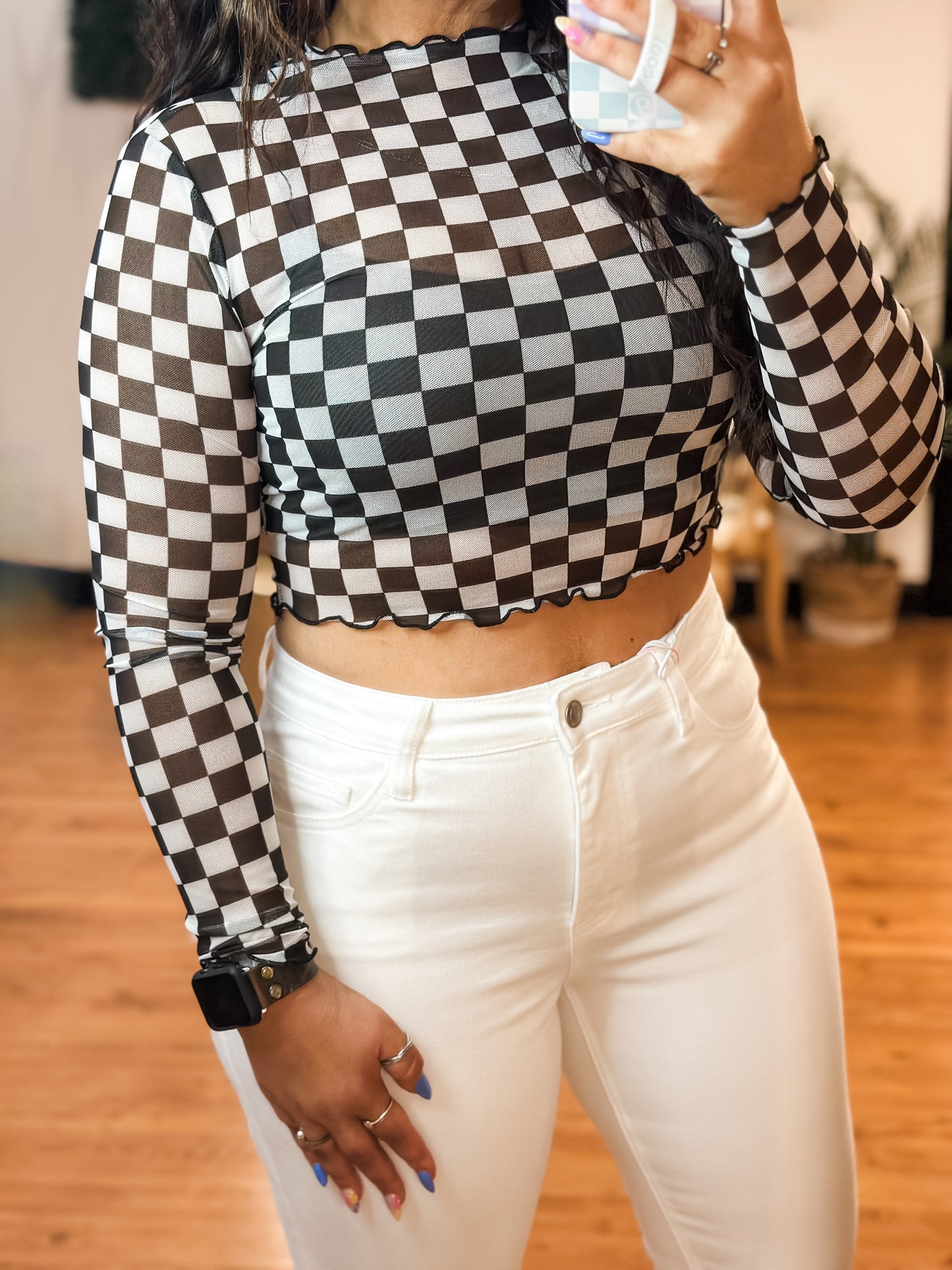 Checkered Mesh Crop Top