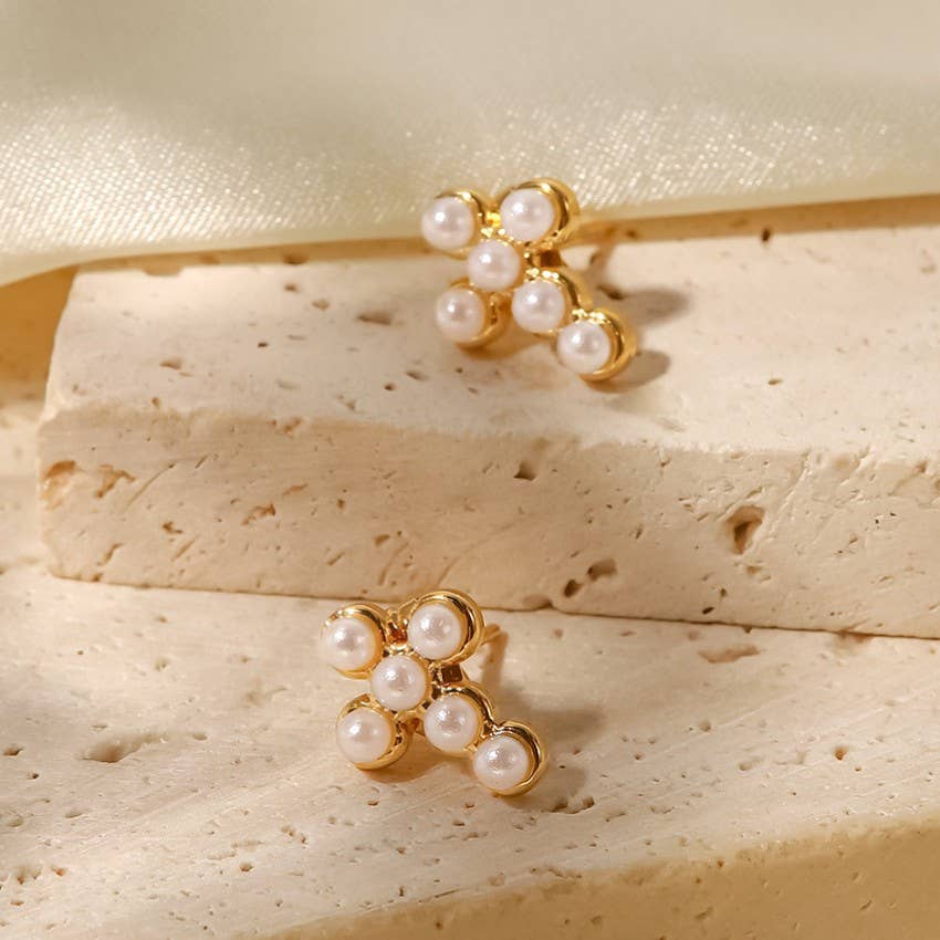 Pearl Cross Stud Earrings
