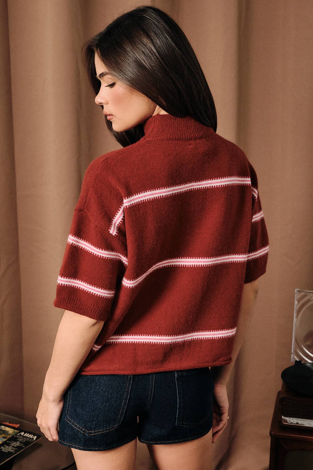 Mock Neck Short Sleeve Striped Sweater Top