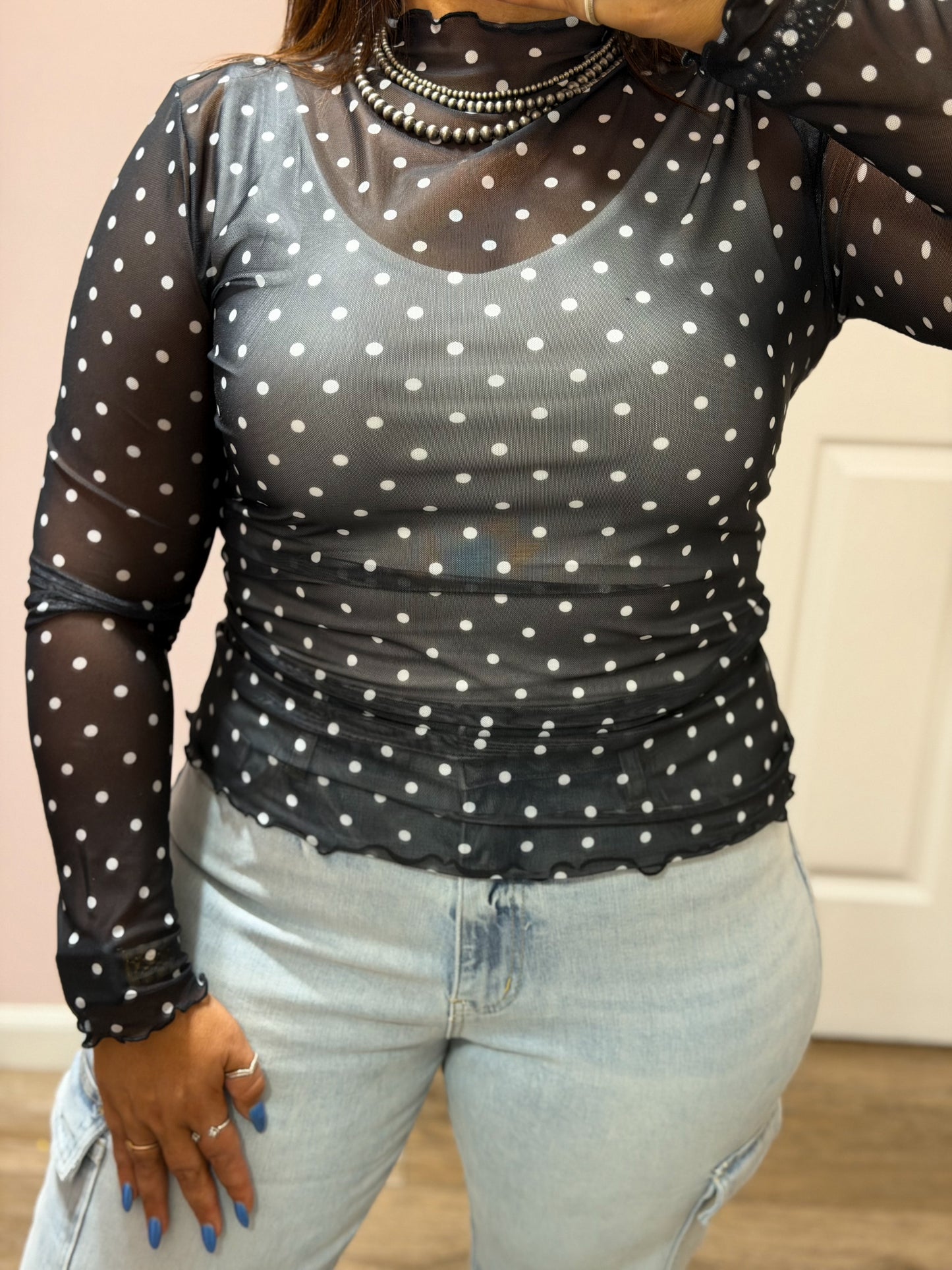 Polka Dot Mesh Top, Black
