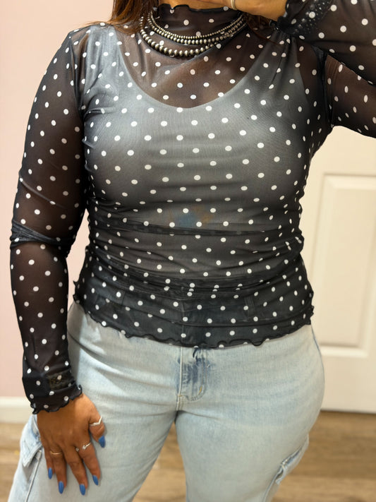 Polka Dot Mesh Top, Black