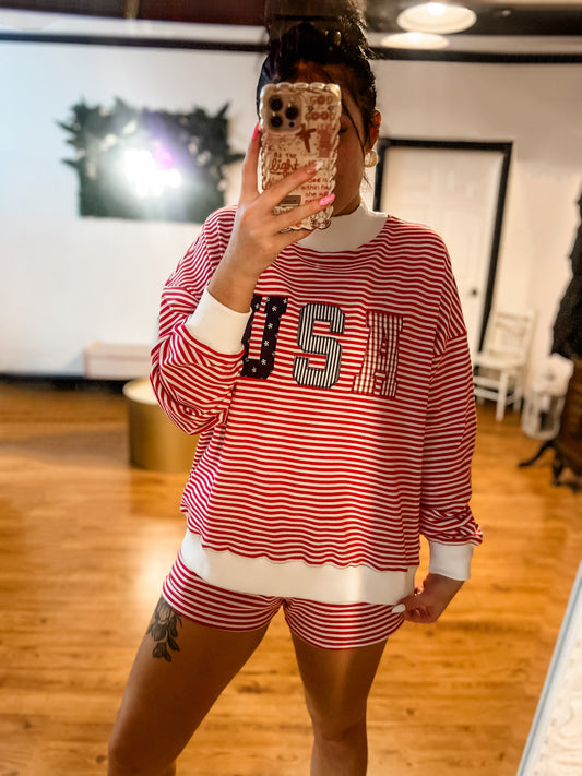 USA Stripe Mock Neck Pullover