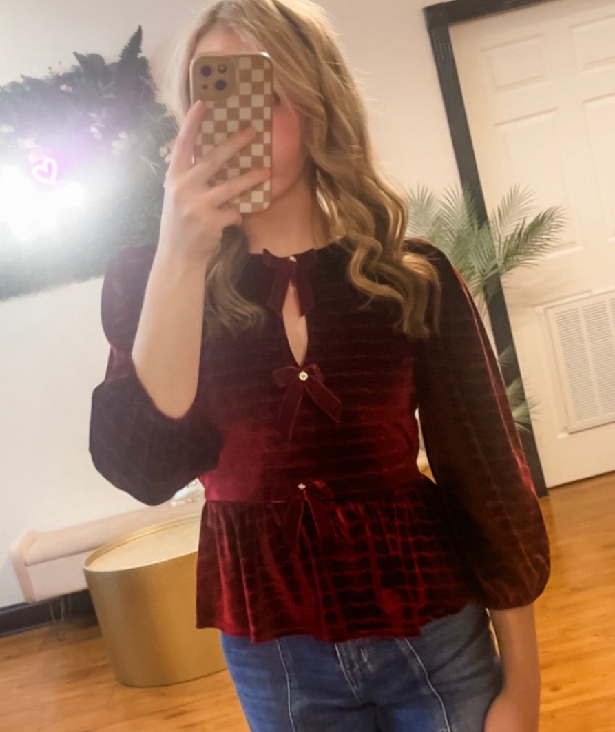 Scallop Velvet Bow Detail Top