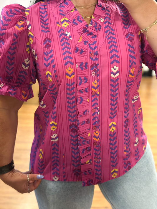 Ruffle Trim Printed Top
