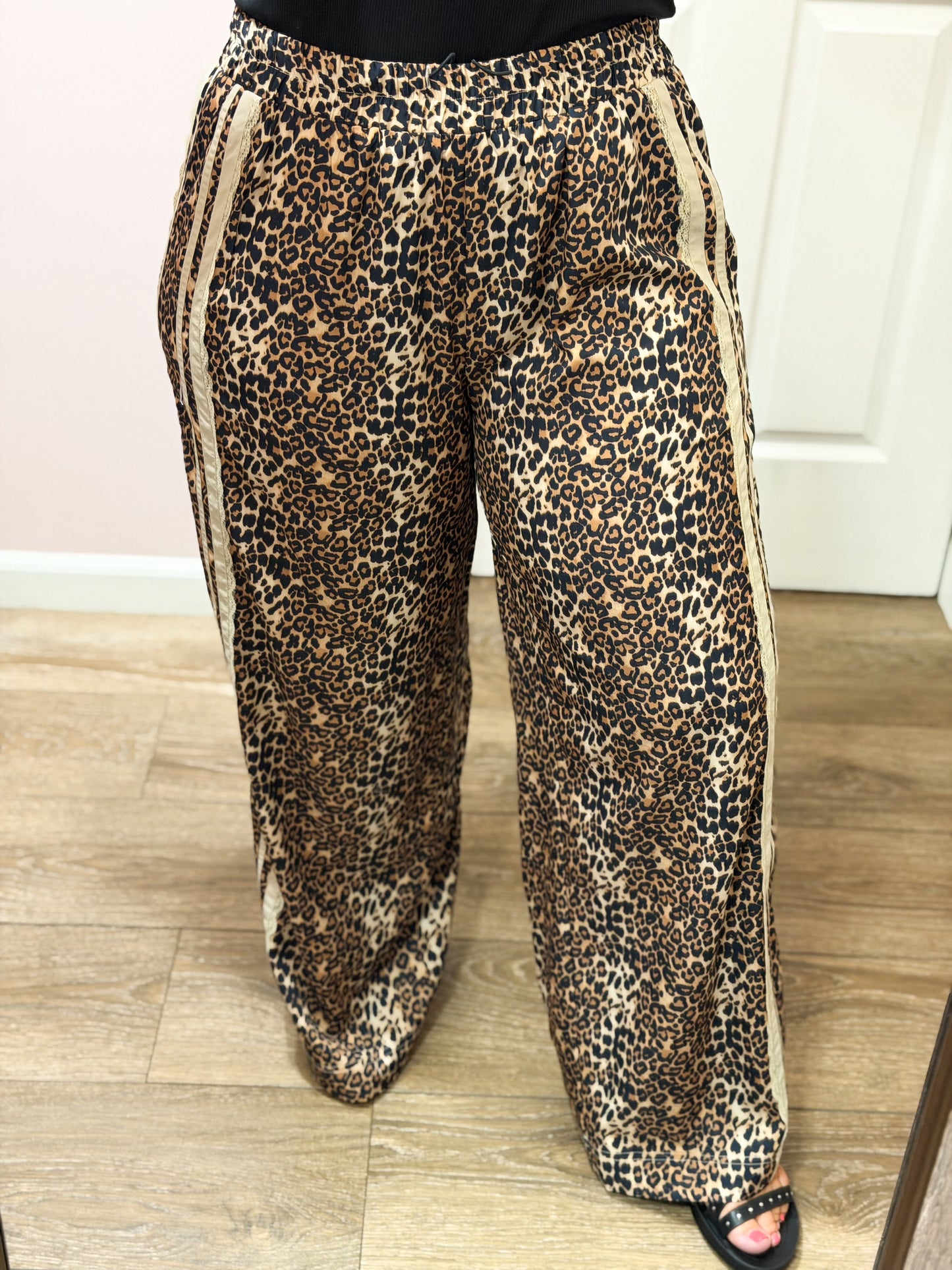 Leopard Track Pants w/Lace Contrast Side