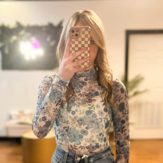 Floral Print Sheer Knit Top, Blue