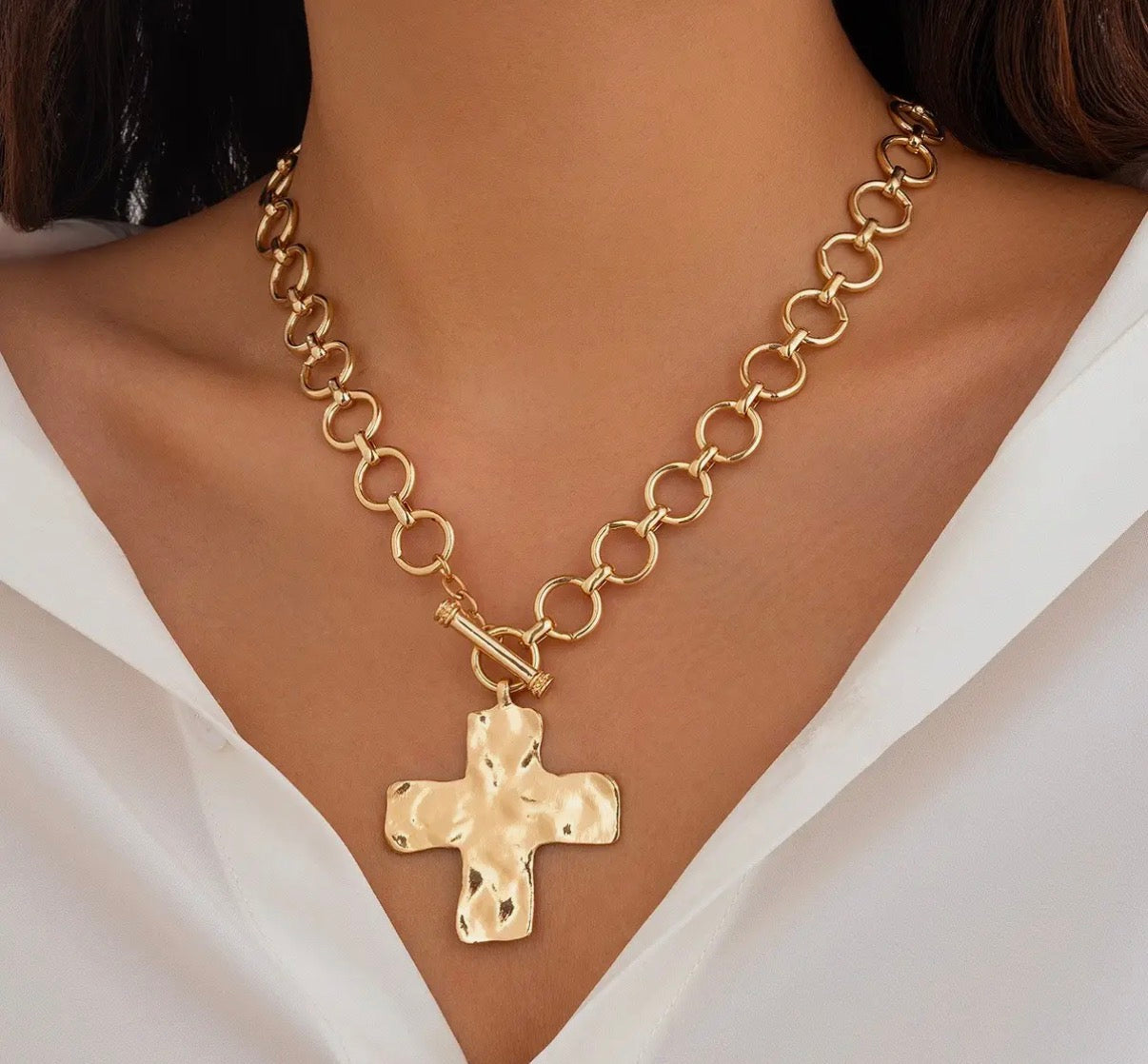 Hammered Cross Toggle Necklace