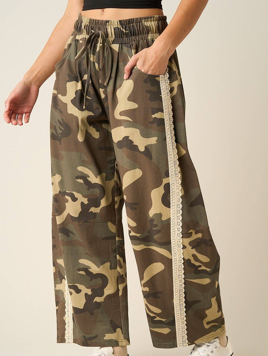 Camo Lace Trim Barrel Leg Pants