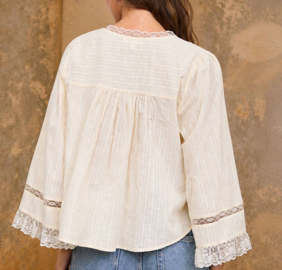 Lace Trim Pleated Button Down Top