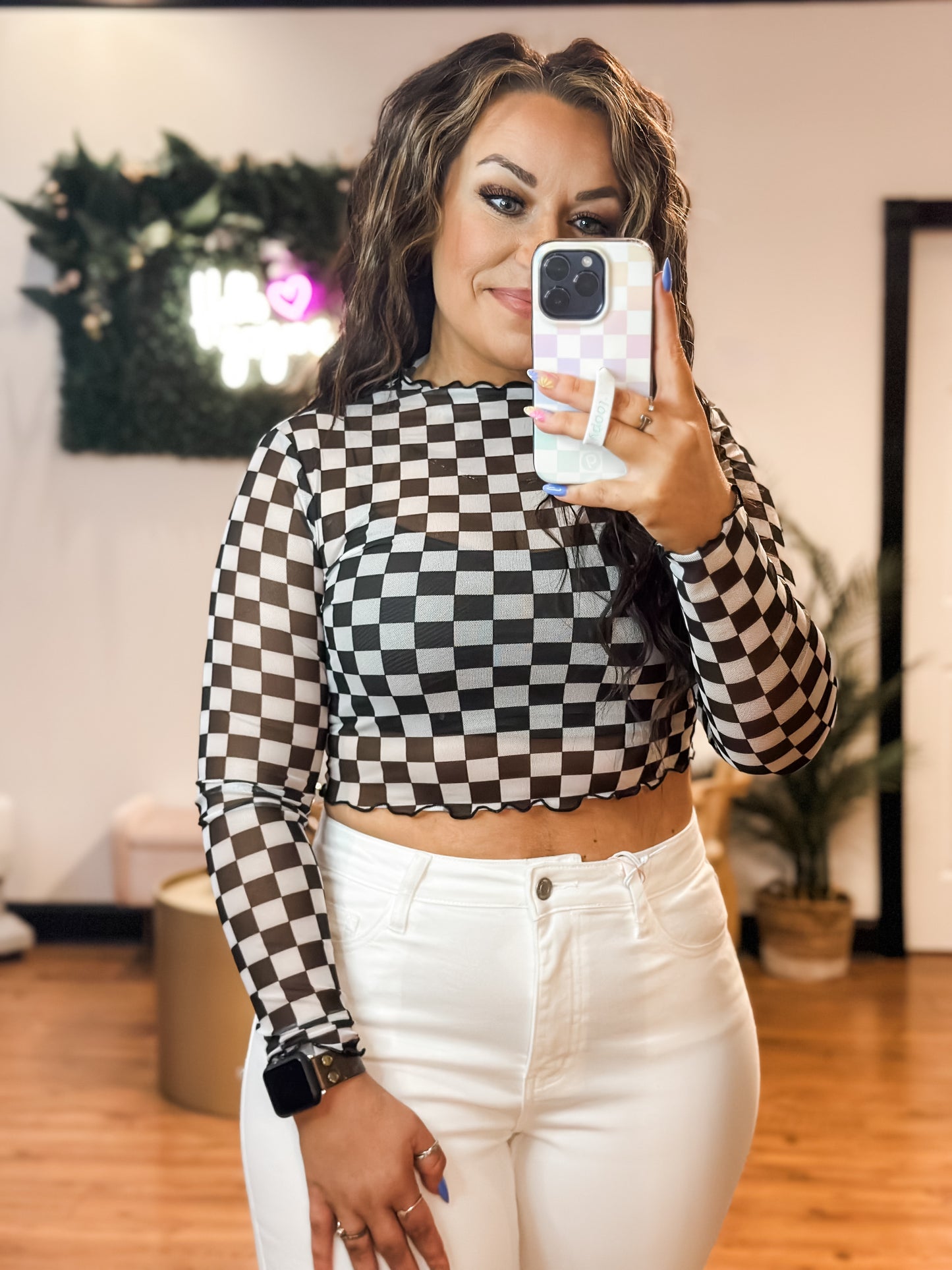 Checkered Mesh Crop Top