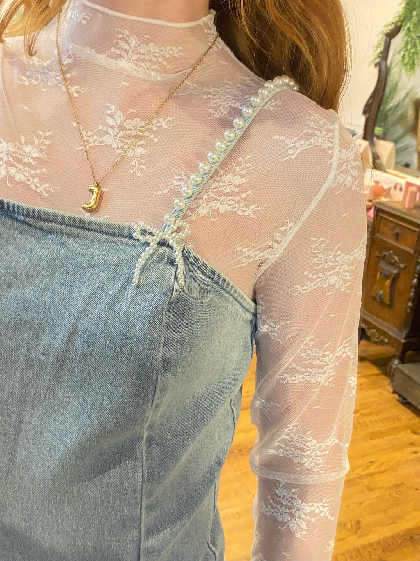 Feminine Flare Pearl Strap Denim Dress