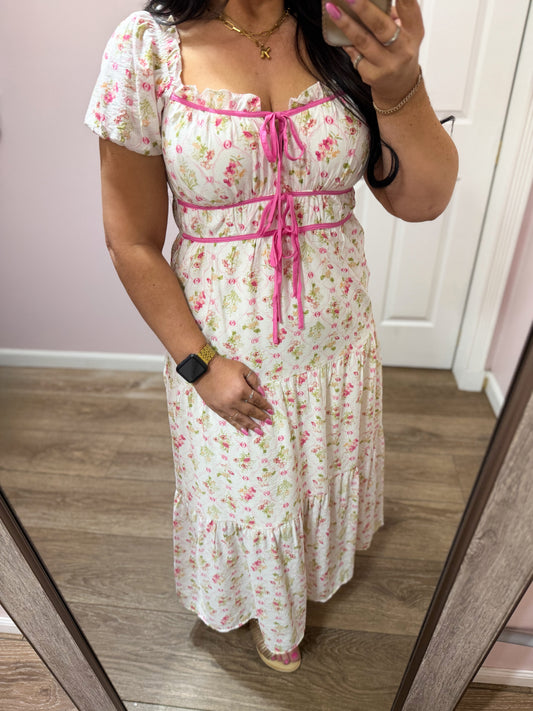 Spring Stroll Floral Contrast Tie Dress