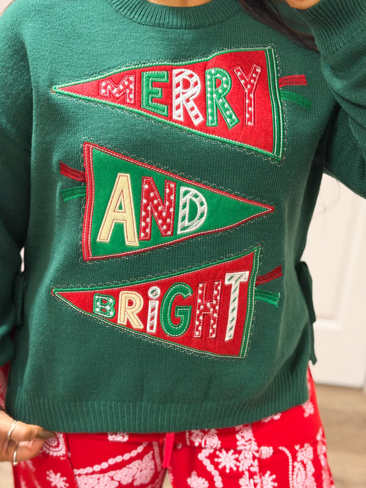 Merry & Bright Pennant Appliqué Christmas Sweater