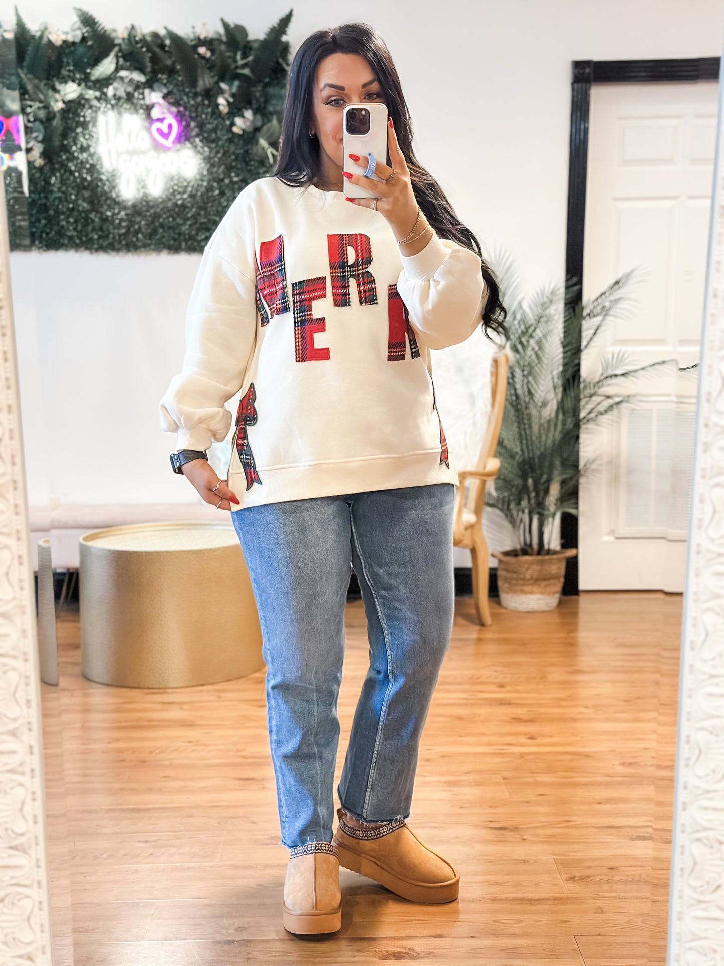 Plaid Merry Side Bow Pullover