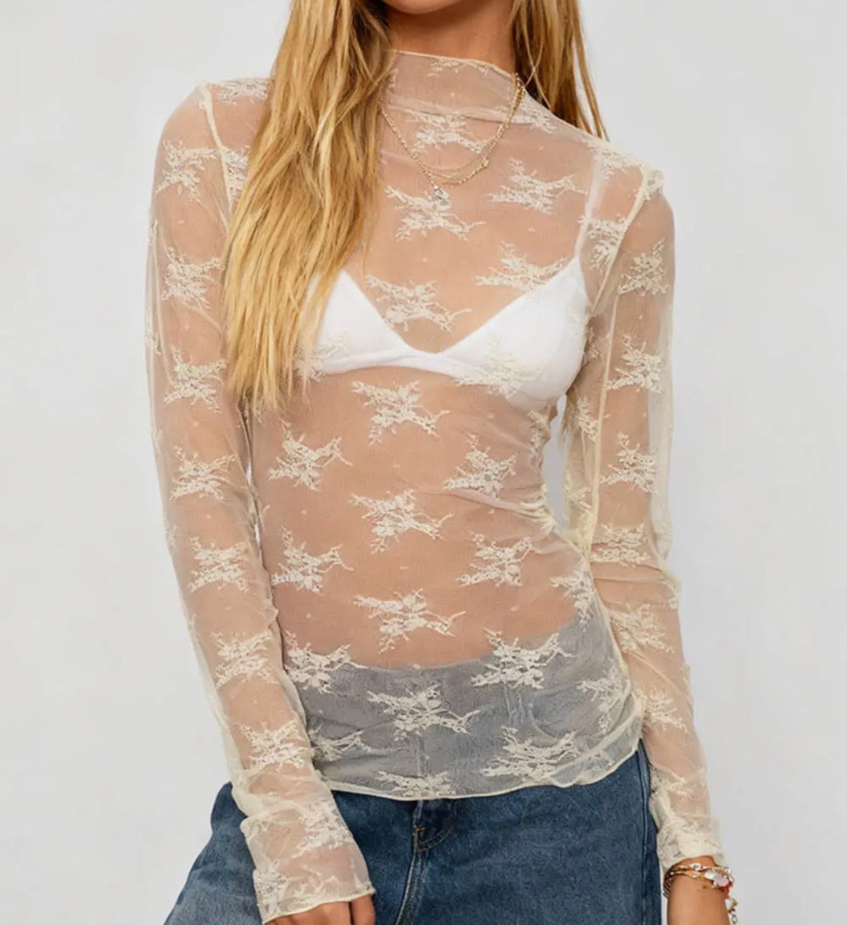 Sheer Lace Top, Beige