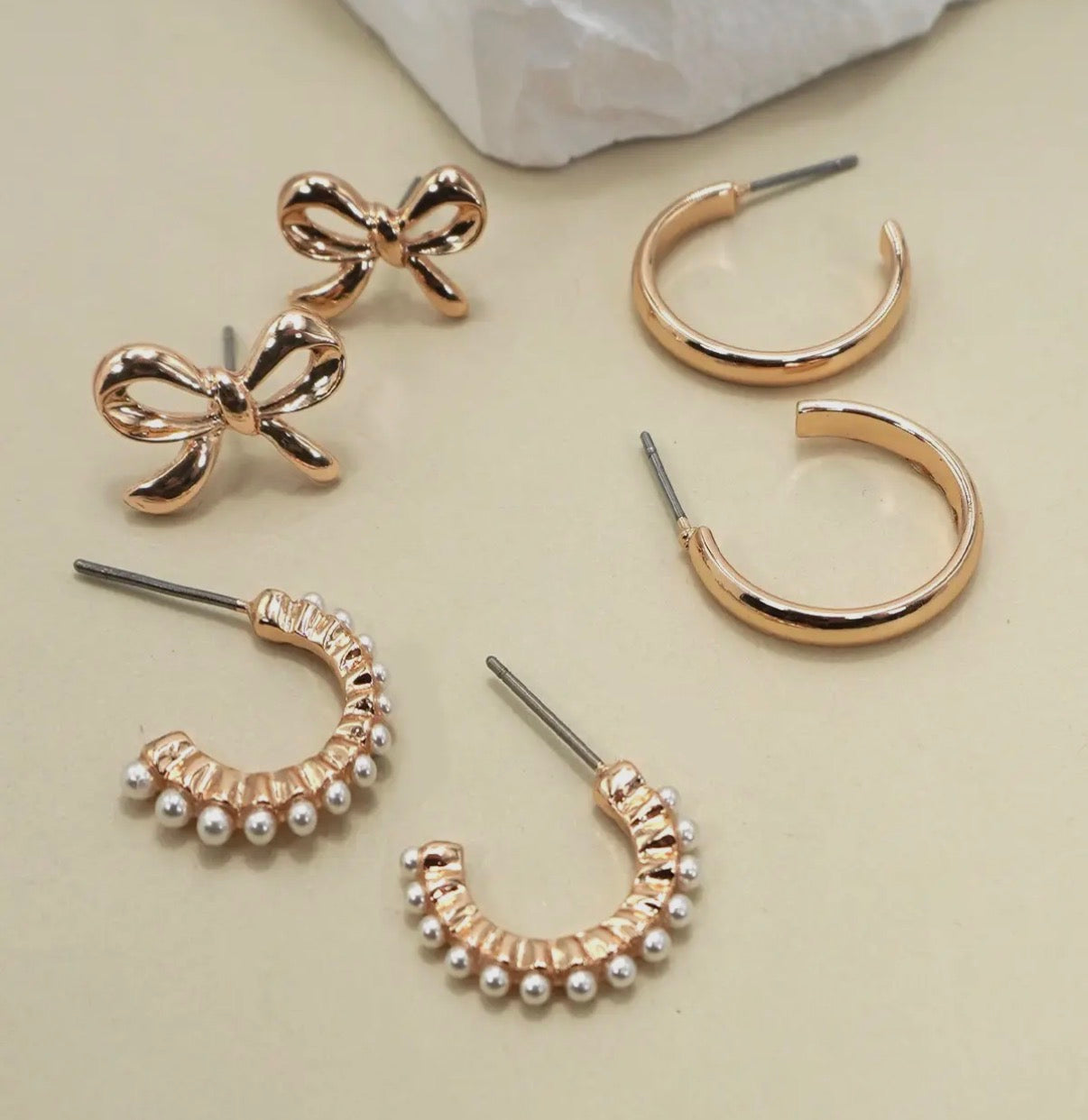 Bow/Pearl Studded Hoop Earrings Trio