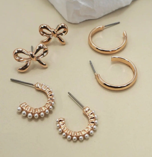 Bow/Pearl Studded Hoop Earrings Trio